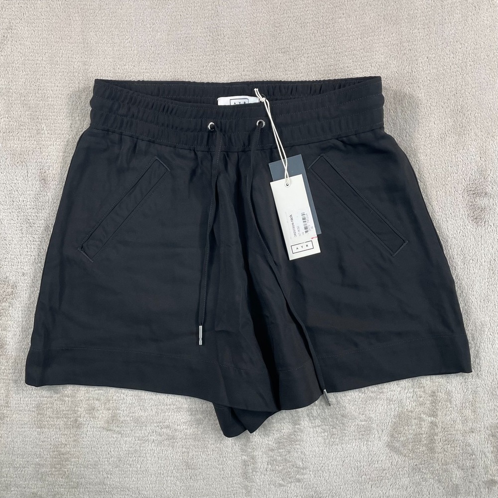 AYR Elastic Waist Drawstring Shorts in‎ Black Women XS Faux Pockets Active NWT